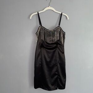Rhinestone Fringe FOREVER 21 Black Satin Mini Party Dress Medium LBD